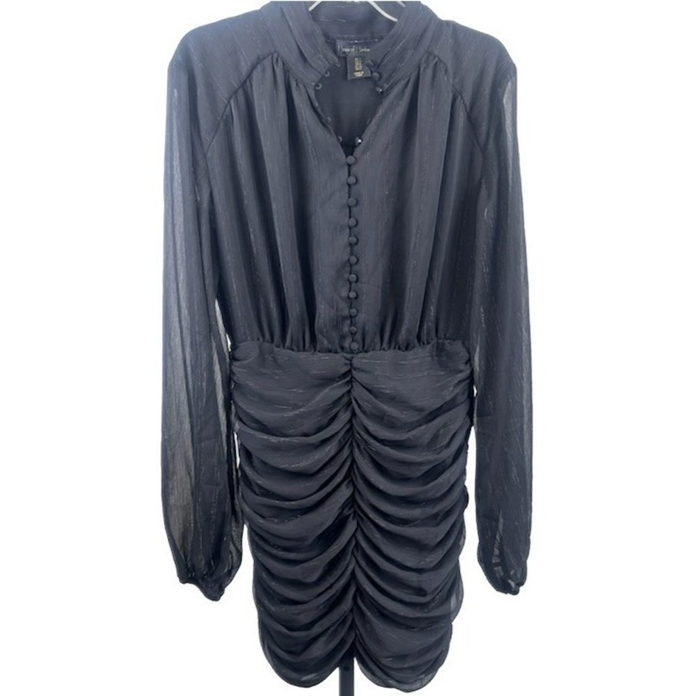 House of Harlow 1960 Black Sheer Sleeve Ruched Mini Dress Size 2 Party Cocktail